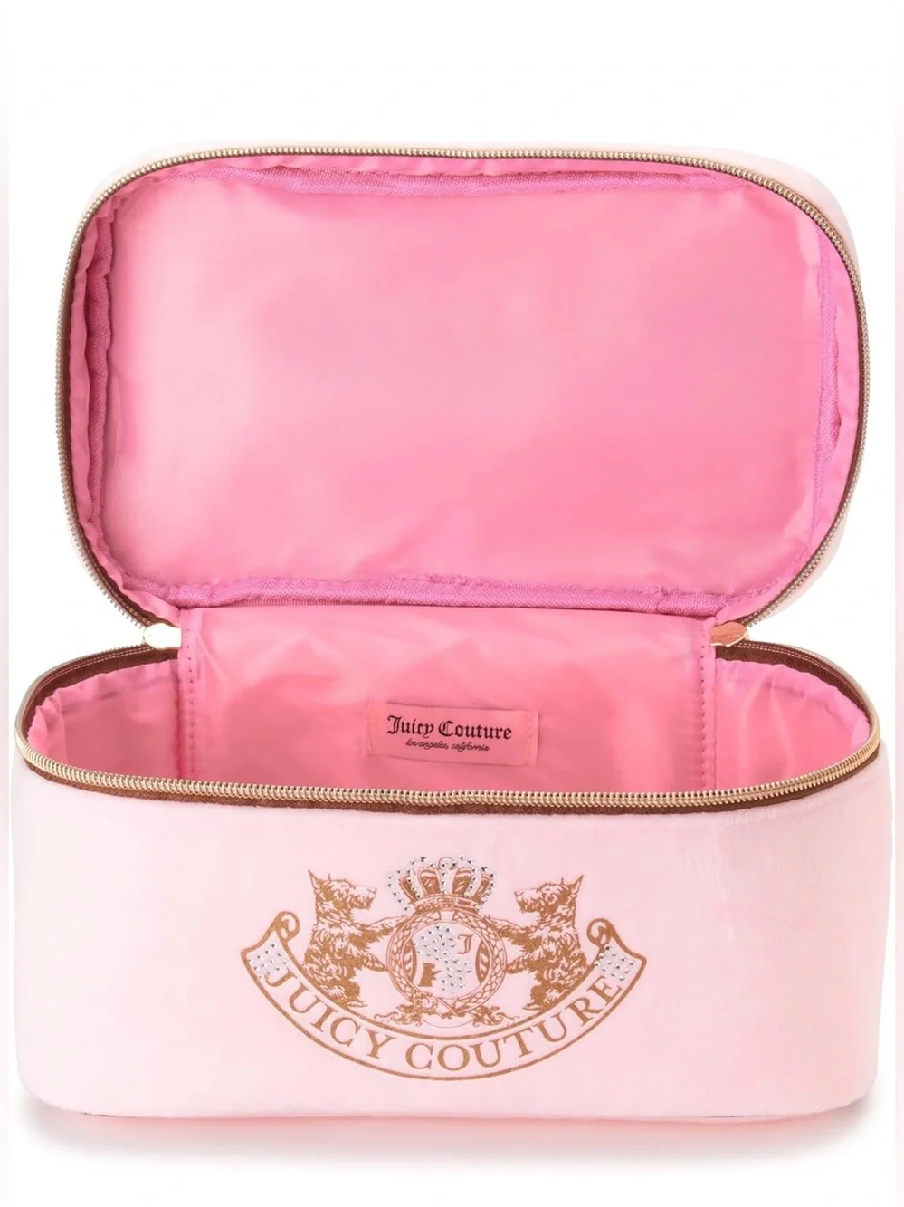 Juicy Couture pink and gold zippered train case cosmetic makeup bag
